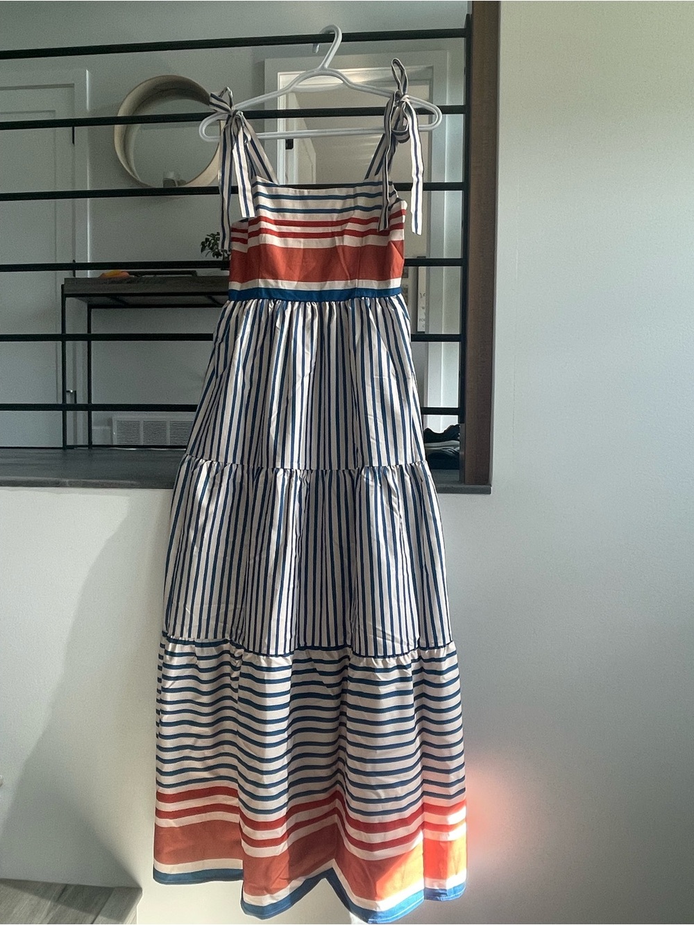 Women's Blue and Cream Striped Maxi Dress with Tie Straps - Picture 5 of 8